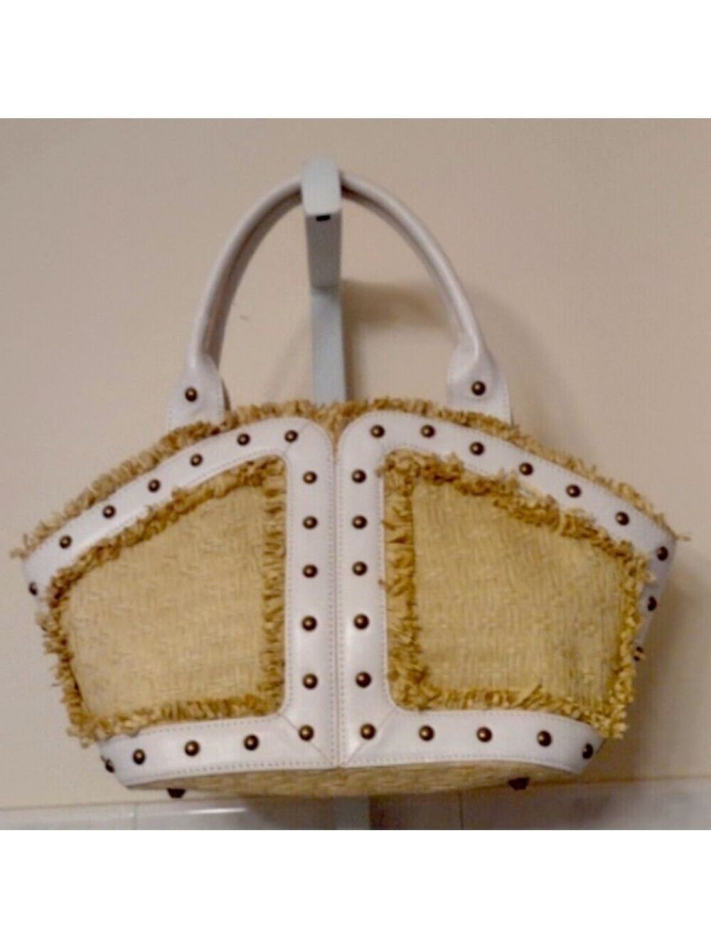 BCBG White Vegan Leather&Straw Gold Studded Tote w/beautiful trademark lining